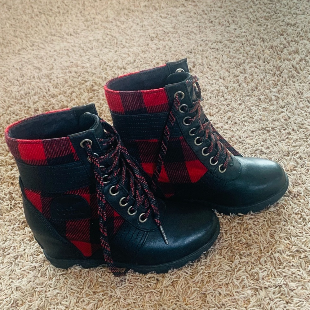 Red and Black Plaid Lace-Up Boots